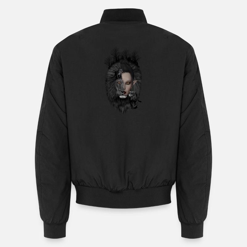 Wunderbarer schwarzer Löwe mit dem Gesicht einer halben Frau Unisex Bomberjacke