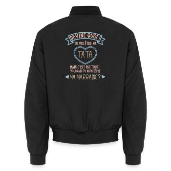 Devine quoi ! Tata voudrais-tu être ma marraine ? - Bomber unisexe - noir - Dos - AI Model Male 185 light (185cm)