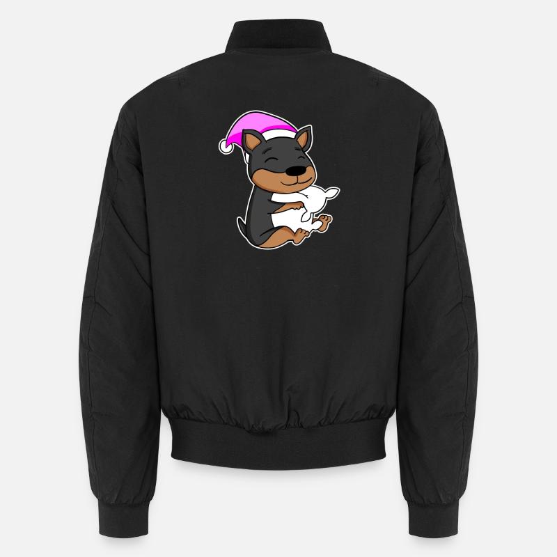 Dog Dwarf Pinscher with pillow and sleeping cap Unisex Bomber Jacket