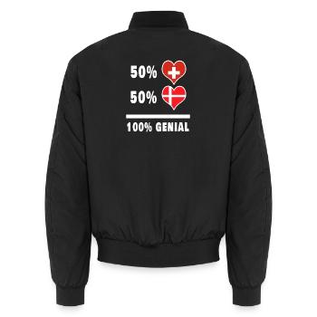 Dänemark und Schweiz 100% Genial Flagge - Unisex Bomberjacke - Schwarz - Hinten - AI Model Male 185 light (185cm)