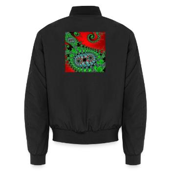 Fraktale Spirale in Grün und Rot - Unisex Bomberjacke - Schwarz - Hinten - AI Model Male 185 light (185cm)