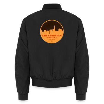 San Francisco Skyline Graphic in Orange - Unisex Bomber Jacket - black - Back - AI Model Male 185 light (185cm)