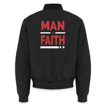 Mann des Glaubens | Christliche Typografie - Unisex Bomberjacke - Schwarz - Hinten - AI Model Male 185 light (185cm)