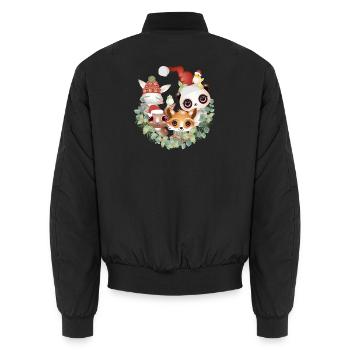 Six Cute Animal Friends Celebrating Christmas - Unisex Bomber Jacket - black - Back - AI Model Male 185 light (185cm)