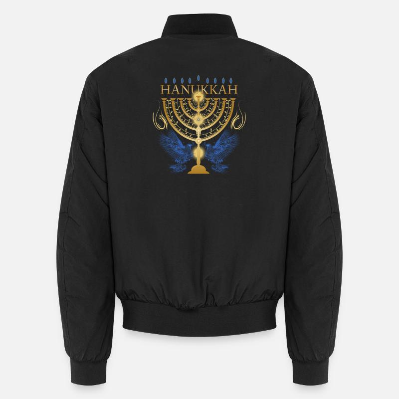 gold-colored Hanukkah candlestick with two doves Unisex Bomber Jacket