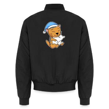 Sleeping Tired - Cat with Pillow and Sleepy Cap - Unisex Bomber Jacket - black - Back - AI Model Male 185 light (185cm)