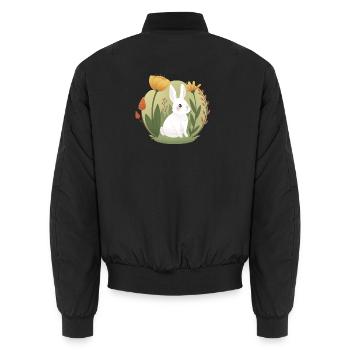 Garden Bunny with Tulip and Other Flowers - Unisex Bomber Jacket - black - Back - AI Model Male 185 light (185cm)
