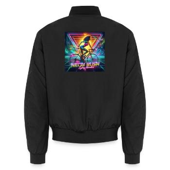 Neon Rush - Girl cycling 80s style poster - Unisex Bomber Jacket - black - Back - AI Model Male 185 light (185cm)