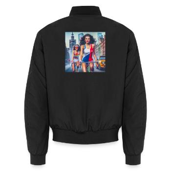 Two girls cycling in retro Warsaw - 80s style - Unisex Bomber Jacket - black - Back - AI Model Male 185 light (185cm)