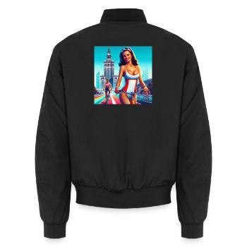 Warschau - Retro-Mädchen, das im klassischen Stil der 80er Jahre Rad fährt - Unisex Bomberjacke - Schwarz - Hinten - AI Model Male 185 light (185cm)