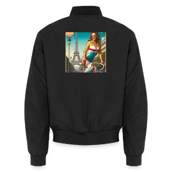 Belle jeune fille à vélo devant la tour Eiffel - Bomber unisexe - noir - Dos - AI Model Male 185 light (185cm)
