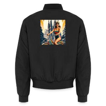 Barcelone rétro : Belle fille à vélo - Bomber unisexe - noir - Dos - AI Model Male 185 light (185cm)