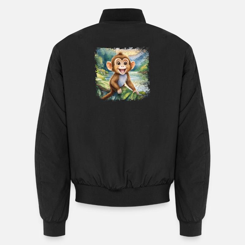 Cute young monkey, cheerful by the river Unisex Bomber Jacket
