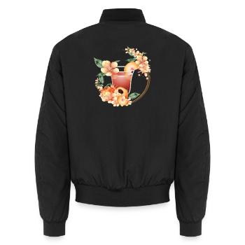 Cocktail mit Pfirsichhälfte & Pfirsichblütenkranz - Unisex Bomberjacke - Schwarz - Hinten - AI Model Male 185 light (185cm)
