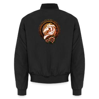 The elegant horse's head adorned with flowers. - Unisex Bomber Jacket - black - Back - AI Model Male 185 light (185cm)