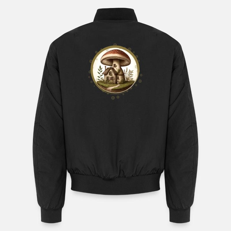 Design eines Fliegenpilzes als Märchenhaus im Wald Unisex Bomberjacke