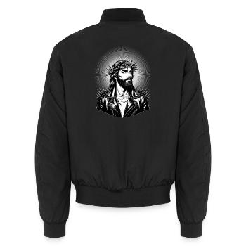 Jesus Christus mit stylischer Frisur & Lederjacke - Unisex Bomberjacke - Schwarz - Hinten - AI Model Male 185 light (185cm)