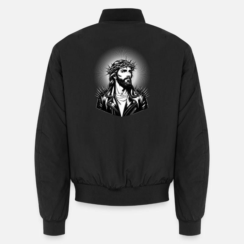 Jésus-Christ avec une coiffure élégante et une veste en cuir Bomber unisexe