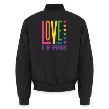 LGBTQ Pride Month - Love is Our Superpower - Unisex Bomber Jacket - black - Back - AI Model Male 185 light (185cm)