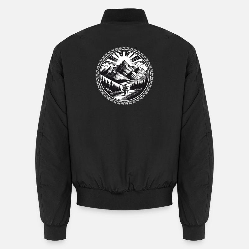 Mountain landscape with a hiker on a trail Unisex Bomber Jacket