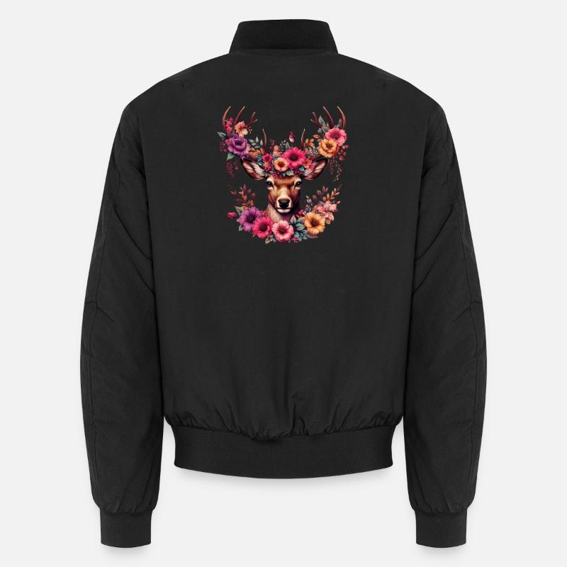 Deer with Flowers - Unisex Bomber Jacket - black