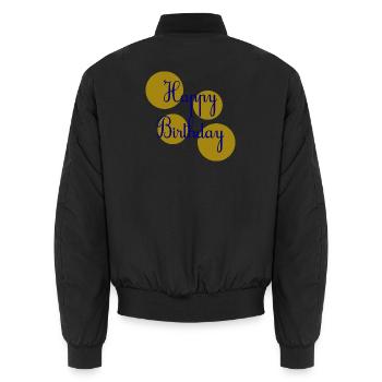 ANNIVERSARY. HAPPY BIRTHDAY. HAPPY BIRTHDAY. - Unisex Bomber Jacket - black - Back - AI Model Male 185 light (185cm)