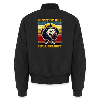 Zunächst einmal bin ich eine Freude, Retro-Opossum - Unisex Bomberjacke - Schwarz - Hinten - AI Model Male 185 light (185cm)