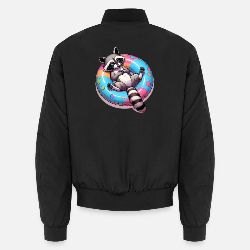 A relaxed raccoon on a swimming ring Unisex Bomber Jacket