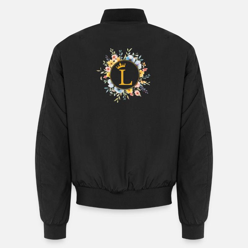 L Monogram, Flower Circle, Personalizable - Unisex Bomber Jacket - black