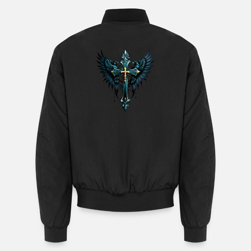 Croix gothique avec des éléments décoratifs et des oiseaux. Bomber unisexe