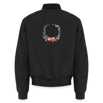 Colorful, flower wreath, customizable - Unisex Bomber Jacket - black - Back - AI Model Male 185 light (185cm)