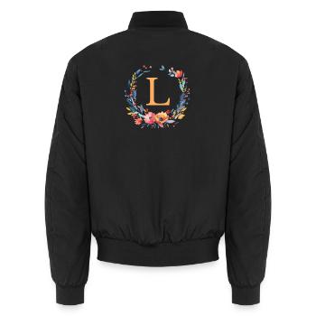 L Monogramm, Blumen-Kranz, personalisierbar - Unisex Bomberjacke - Schwarz - Hinten - AI Model Male 185 light (185cm)