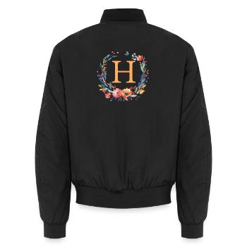 H Monogramm, Blumen-Kranz, personalisierbar - Unisex Bomberjacke - Schwarz - Hinten - AI Model Male 185 light (185cm)