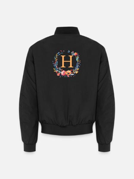 H Monogram, Flower Wreath, Personalizable - Unisex Bomber Jacket - black