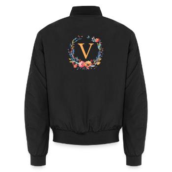 V Monogramm, Blumen-Kranz, personalisierbar - Unisex Bomberjacke - Schwarz - Hinten - AI Model Male 185 light (185cm)