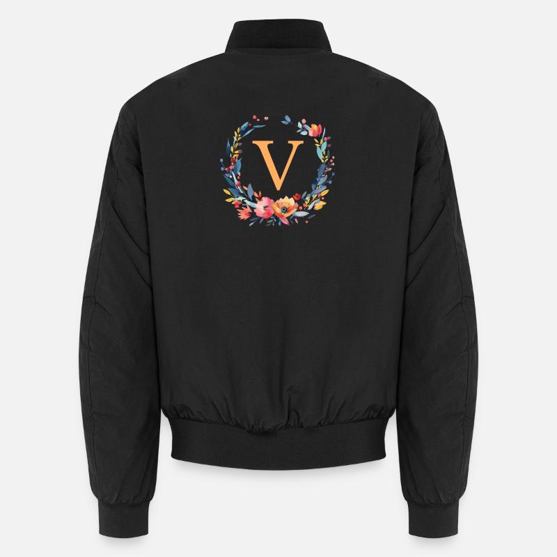 V Monogram, Flower Wreath, Personalizable - Unisex Bomber Jacket - black