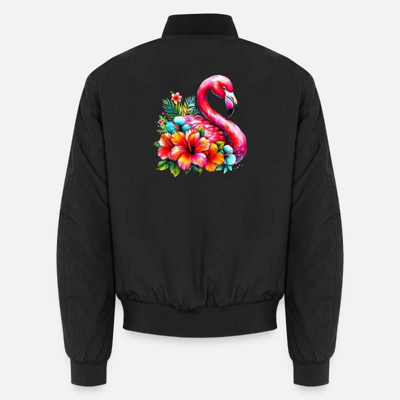 Flamingo verziert mit Hibiskusblüten Unisex Bomberjacke