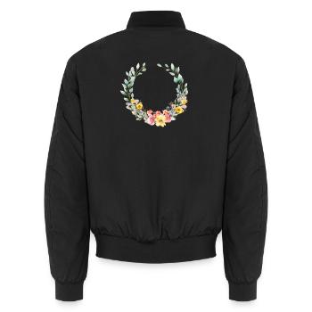 Colorful, flower wreath, customizable - Unisex Bomber Jacket - black - Back - AI Model Male 185 light (185cm)