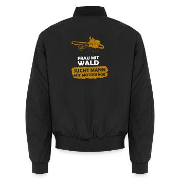 Frau mit Wald, sucht Mann mit Motorsäge - Unisex Bomberjacke - Schwarz - Hinten - AI Model Male 185 light (185cm)