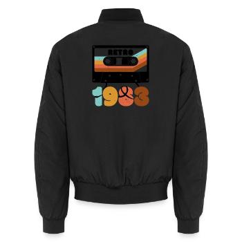 Retro 1980s Color Block Cassette Typography - Unisex Bomber Jacket - black - Back - AI Model Male 185 light (185cm)