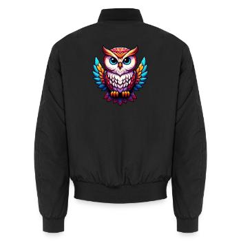 Owl - Unisex Bomber Jacket - black - Back - AI Model Male 185 light (185cm)