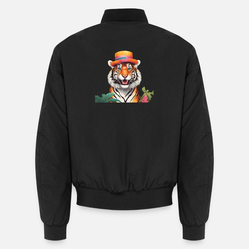 Whimsical Tiger with Sun Hat - Unisex Bomber Jacket - black