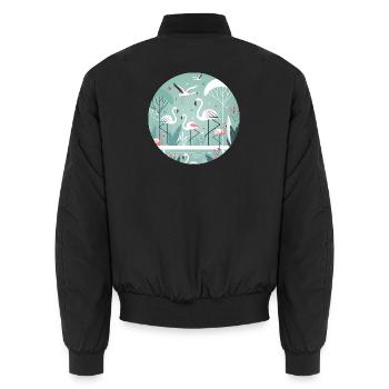Flamingo Illustration in Tropical Environment - Unisex Bomber Jacket - black - Back - AI Model Male 185 light (185cm)
