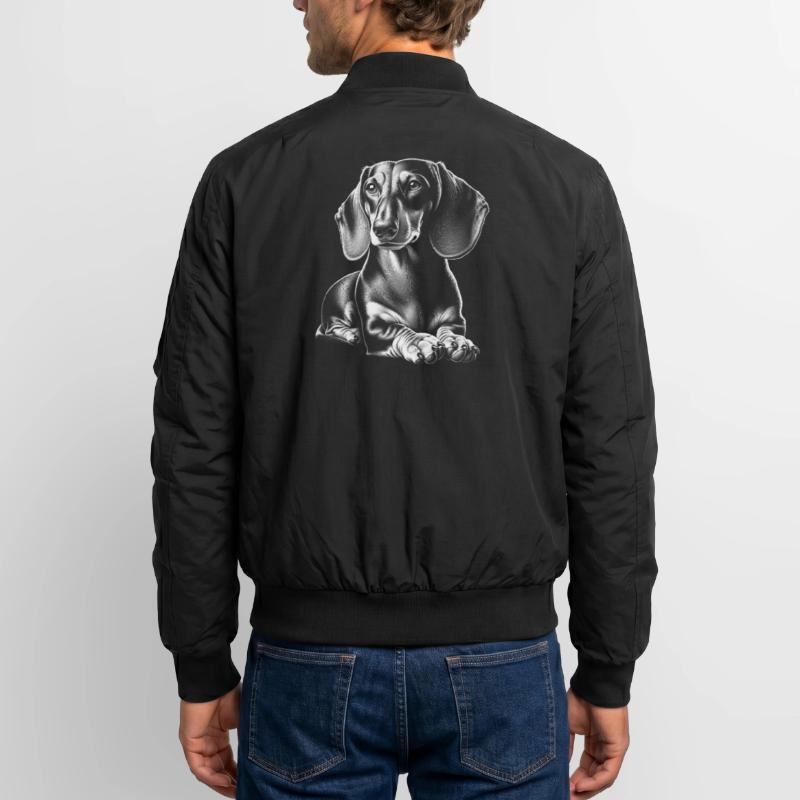 teckel mignon dans la pose couchée dans le style de dessin Bomber unisexe