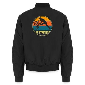 Retro Sonnenuntergang Fahrradfahrer Design - Unisex Bomberjacke - Schwarz - Hinten - AI Model Male 185 light (185cm)