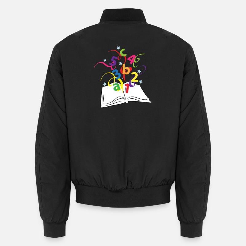 Buch mit bunten Buchstaben und Zahlen Unisex Bomberjacke