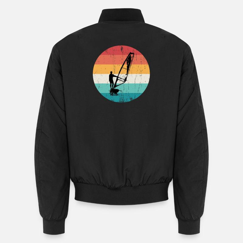 Silhouette rétro de windsurf sur rayures de coucher de soleil Bomber unisexe