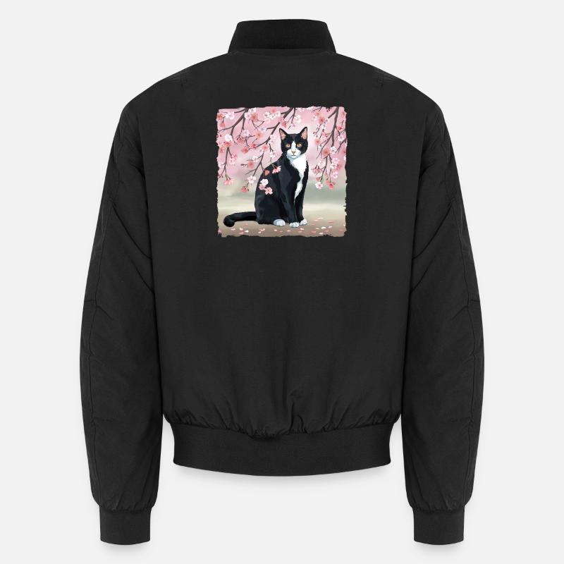 Kirschblüten-Katze: Rosa-Blüten, Schwarze Katze Unisex Bomberjacke