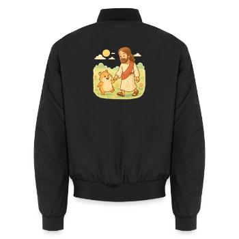 Loving Jesus walks with a hamster - Unisex Bomber Jacket - black - Back - AI Model Male 185 light (185cm)