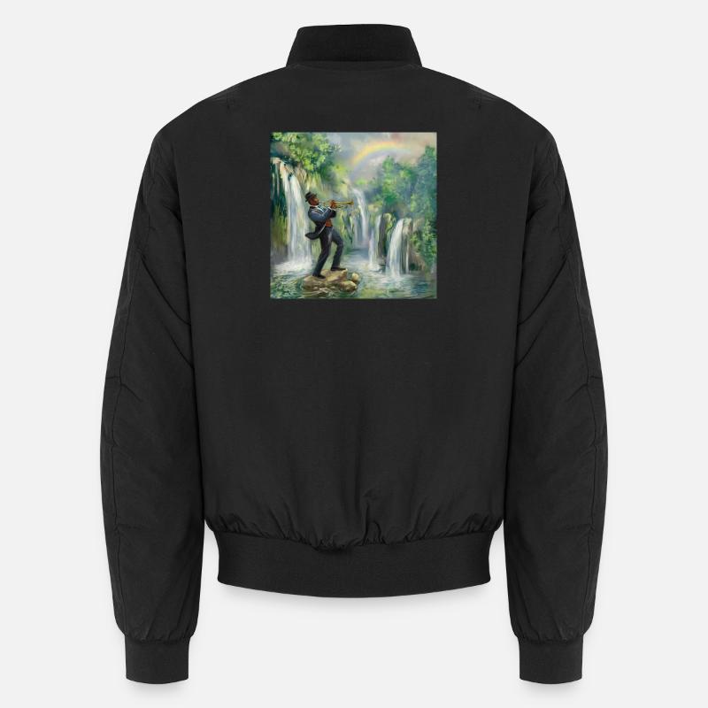 Trompettiste de jazz devant les cascades dans la jungle Bomber unisexe